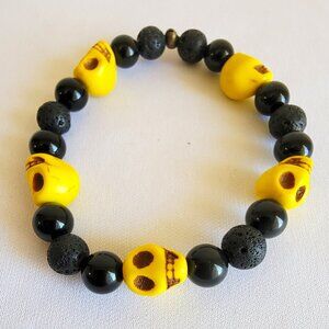 Yellow Skulls With Black Beaded Bracelet, Size S-M